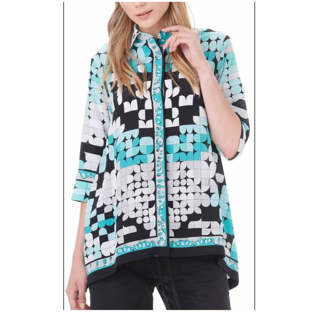 Averardo Bessi Geometric Silk Blouse Black Teal Gray High Low, Sz 8